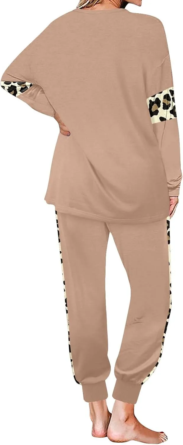 Leopard Patchwork Tracksuit for Women 2 Piece Outfit Comfy Pajama Set Crewneck Long Sleeve Shirts and Jogger Pants