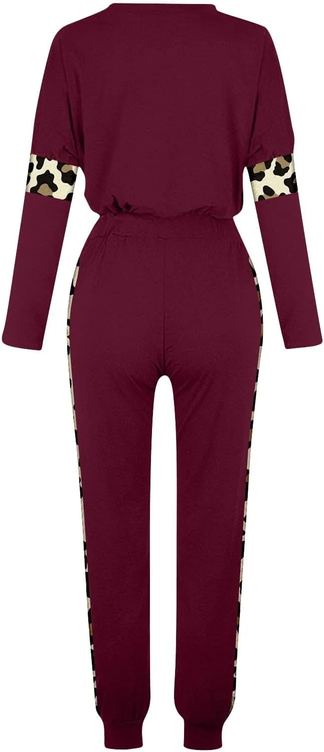 Leopard Patchwork Tracksuit for Women 2 Piece Outfit Comfy Pajama Set Crewneck Long Sleeve Shirts and Jogger Pants