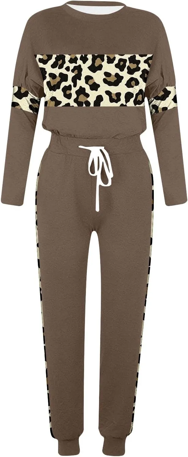 Leopard Patchwork Tracksuit for Women 2 Piece Outfit Comfy Pajama Set Crewneck Long Sleeve Shirts and Jogger Pants