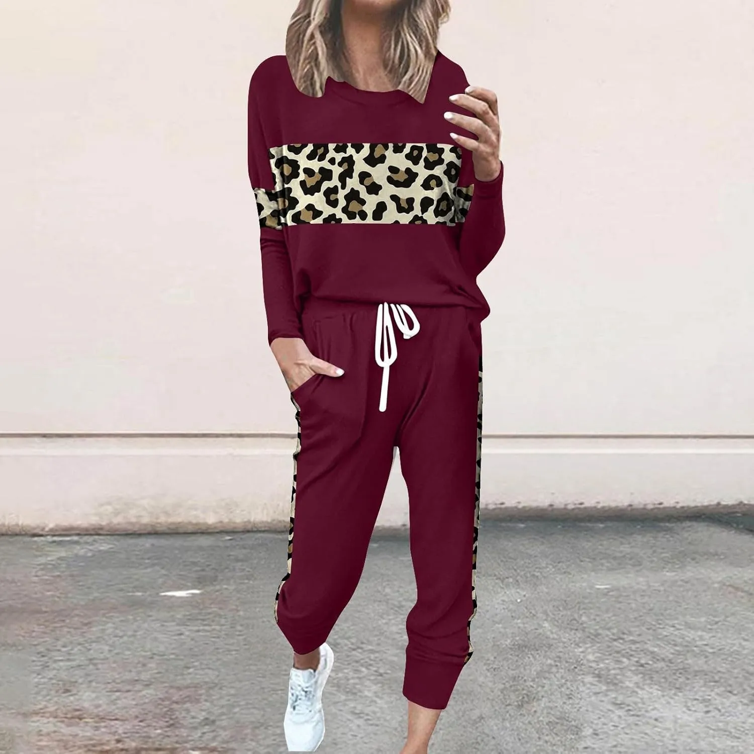 Leopard Patchwork Tracksuit for Women 2 Piece Outfit Comfy Pajama Set Crewneck Long Sleeve Shirts and Jogger Pants