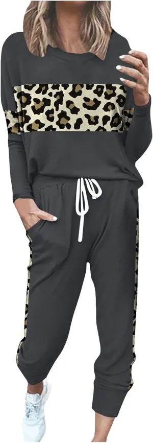Leopard Patchwork Tracksuit for Women 2 Piece Outfit Comfy Pajama Set Crewneck Long Sleeve Shirts and Jogger Pants