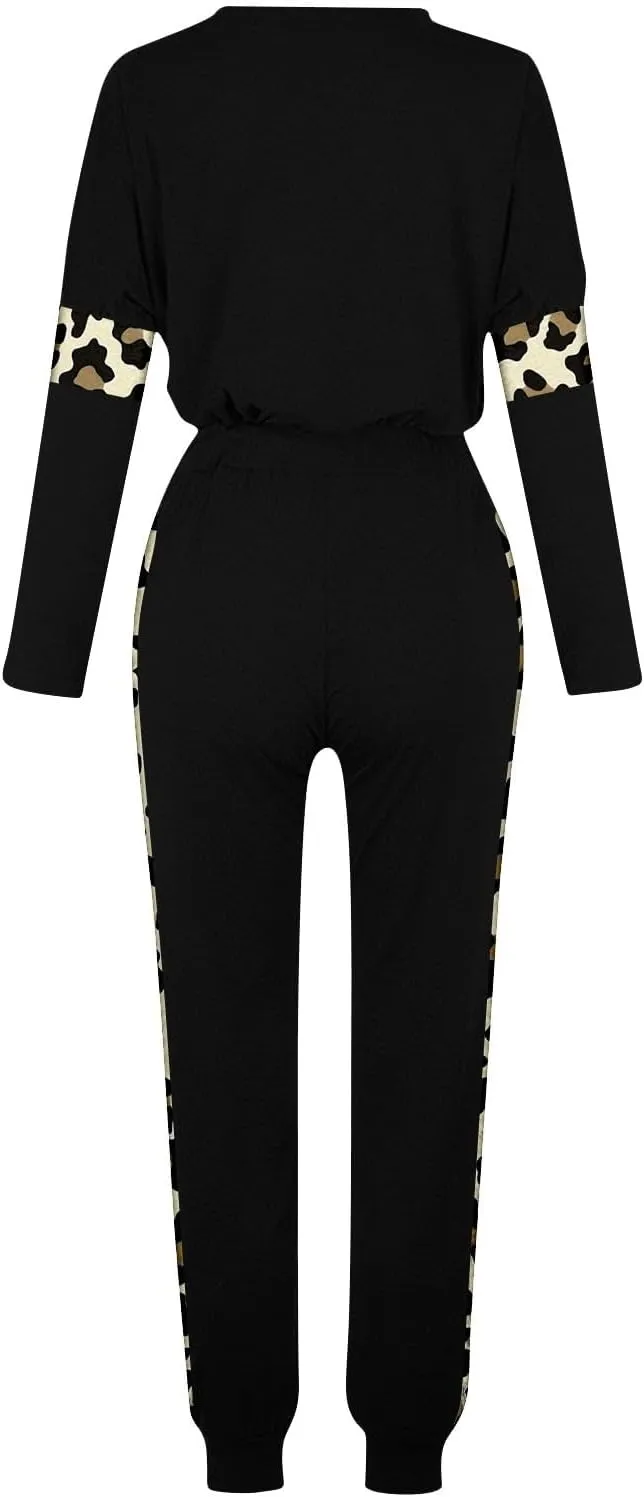 Leopard Patchwork Tracksuit for Women 2 Piece Outfit Comfy Pajama Set Crewneck Long Sleeve Shirts and Jogger Pants