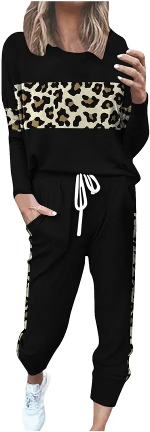 Leopard Patchwork Tracksuit for Women 2 Piece Outfit Comfy Pajama Set Crewneck Long Sleeve Shirts and Jogger Pants