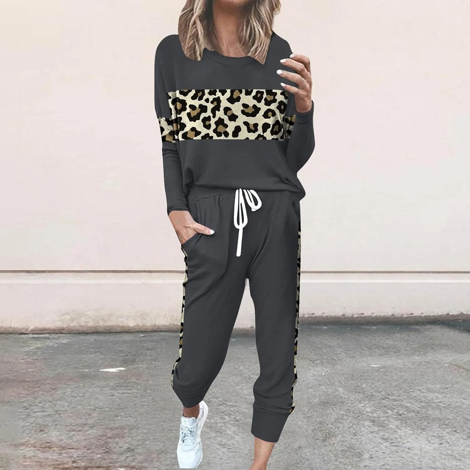 Leopard Patchwork Tracksuit for Women 2 Piece Outfit Comfy Pajama Set Crewneck Long Sleeve Shirts and Jogger Pants