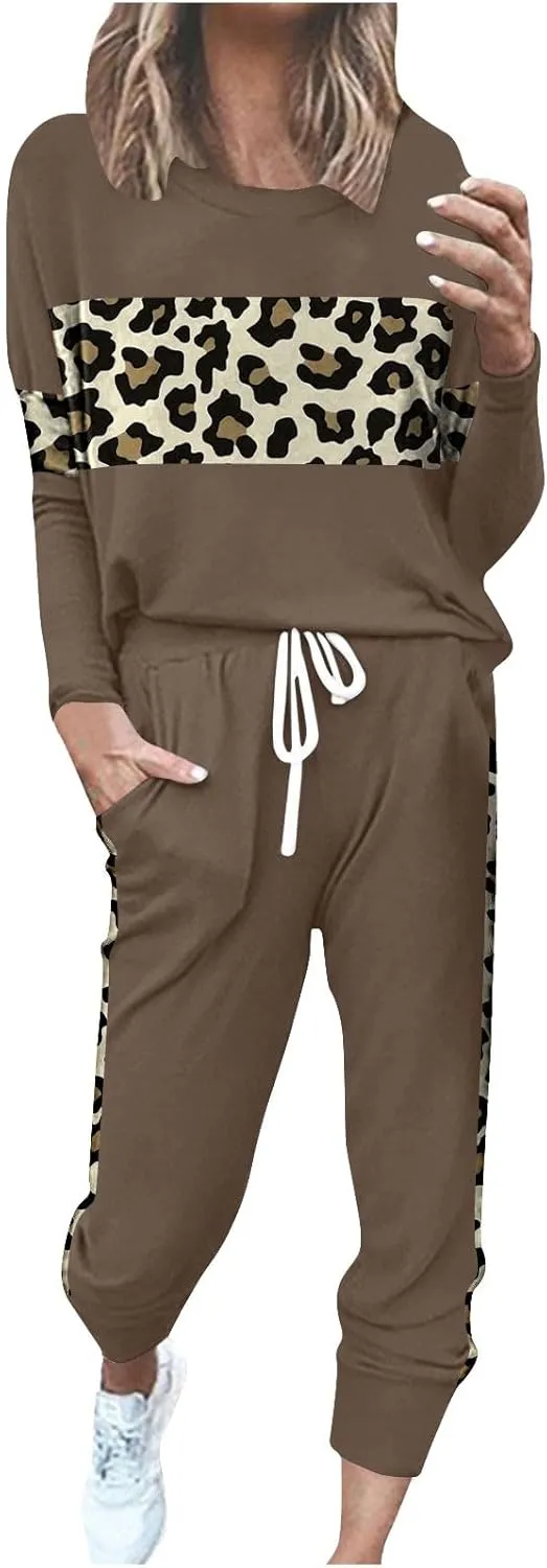 Leopard Patchwork Tracksuit for Women 2 Piece Outfit Comfy Pajama Set Crewneck Long Sleeve Shirts and Jogger Pants