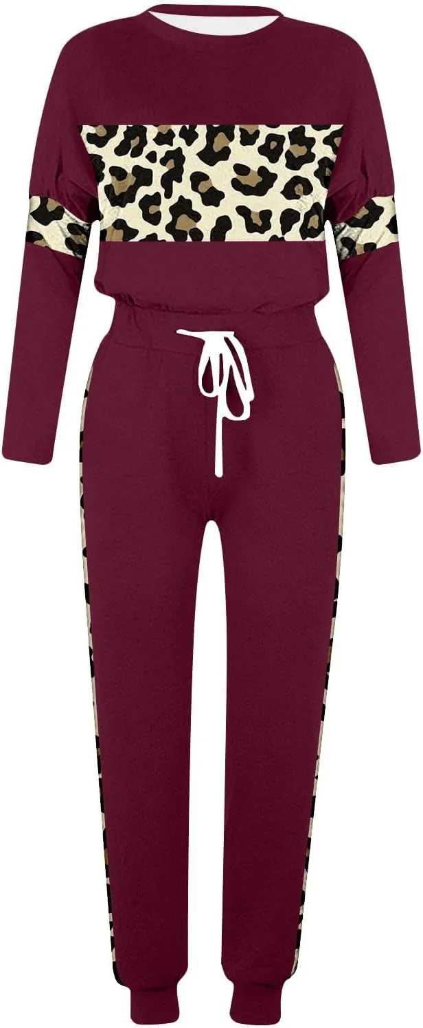 Leopard Patchwork Tracksuit for Women 2 Piece Outfit Comfy Pajama Set Crewneck Long Sleeve Shirts and Jogger Pants