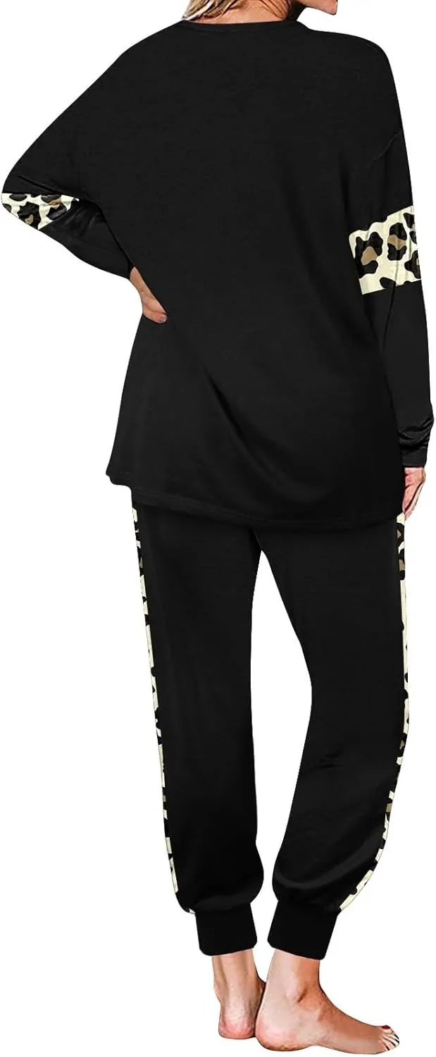 Leopard Patchwork Tracksuit for Women 2 Piece Outfit Comfy Pajama Set Crewneck Long Sleeve Shirts and Jogger Pants