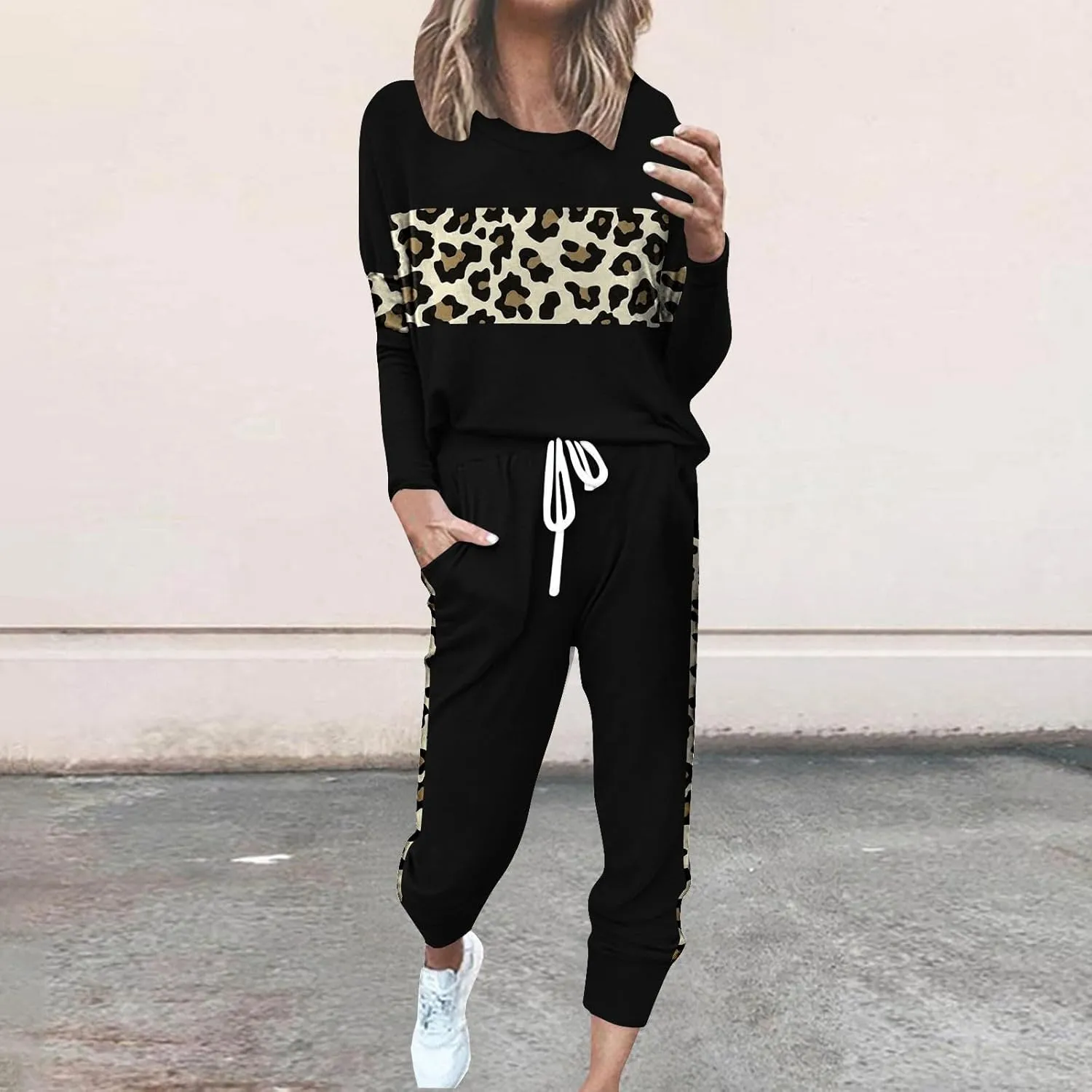 Leopard Patchwork Tracksuit for Women 2 Piece Outfit Comfy Pajama Set Crewneck Long Sleeve Shirts and Jogger Pants