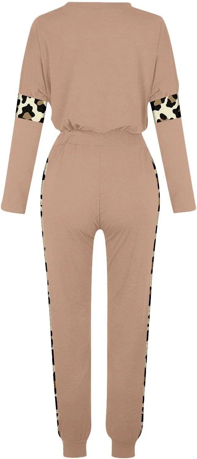 Leopard Patchwork Tracksuit for Women 2 Piece Outfit Comfy Pajama Set Crewneck Long Sleeve Shirts and Jogger Pants