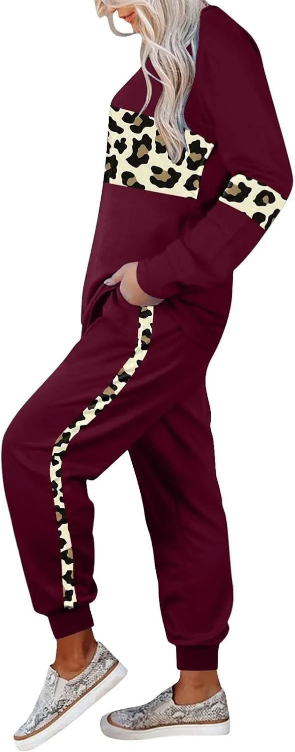Leopard Patchwork Tracksuit for Women 2 Piece Outfit Comfy Pajama Set Crewneck Long Sleeve Shirts and Jogger Pants
