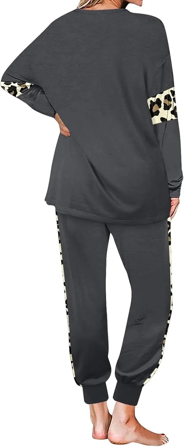 Leopard Patchwork Tracksuit for Women 2 Piece Outfit Comfy Pajama Set Crewneck Long Sleeve Shirts and Jogger Pants