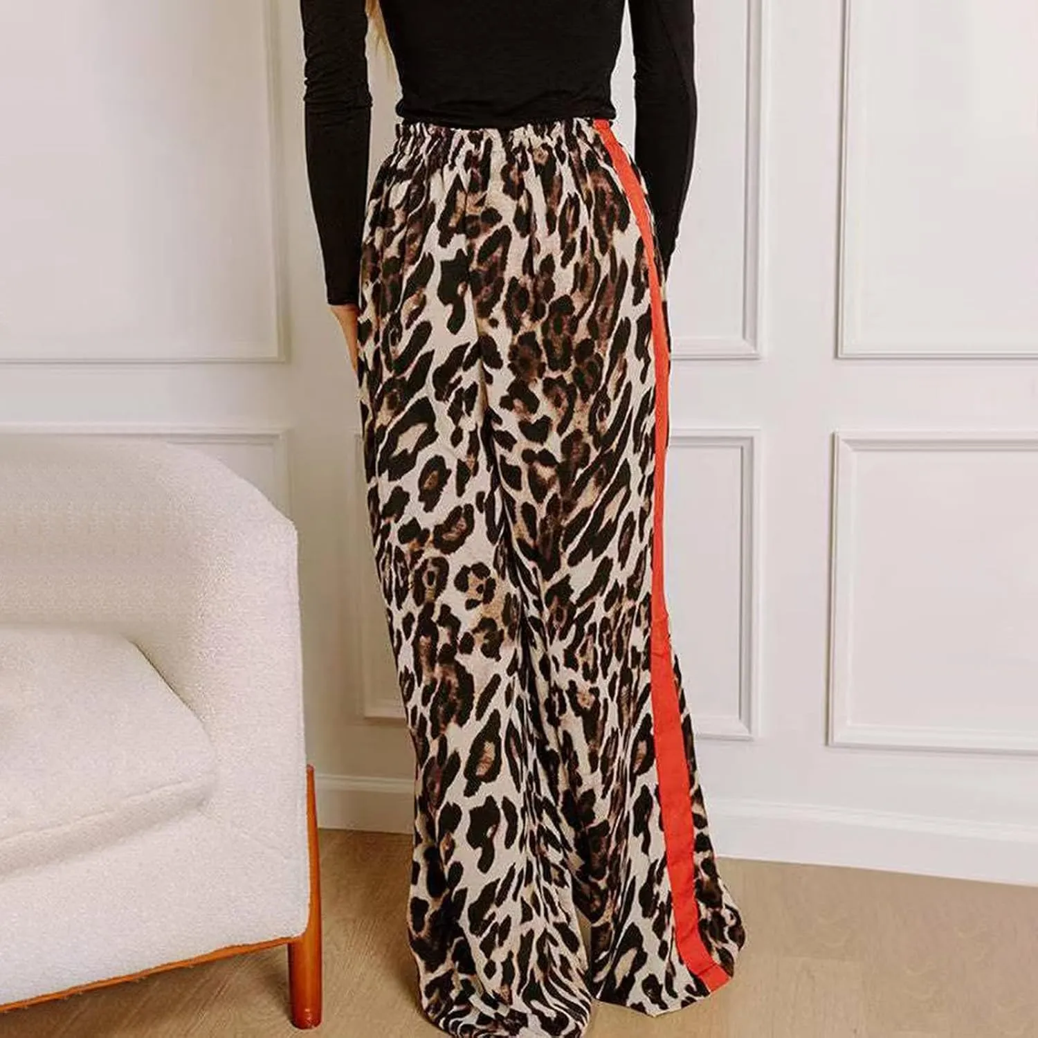 Leopard Print Pants for Women 2025 Drawstring High Waisted Color Block Side Striped Straight Leg Wide Leg Loose Pant
