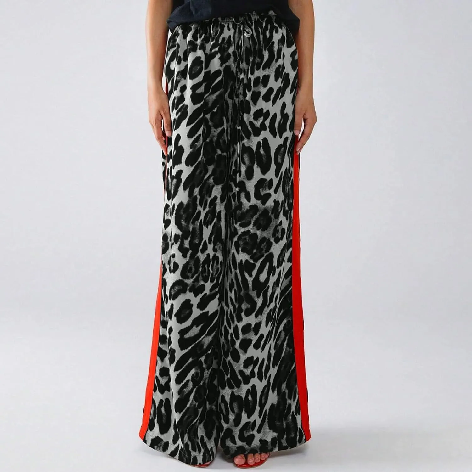 Leopard Print Pants for Women 2025 Drawstring High Waisted Color Block Side Striped Straight Leg Wide Leg Loose Pant