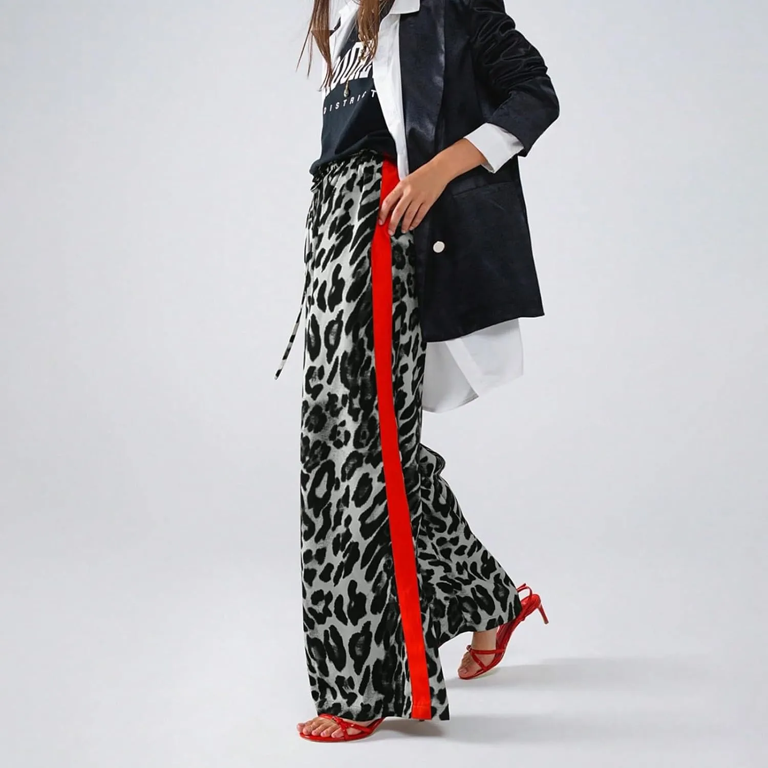 Leopard Print Pants for Women 2025 Drawstring High Waisted Color Block Side Striped Straight Leg Wide Leg Loose Pant