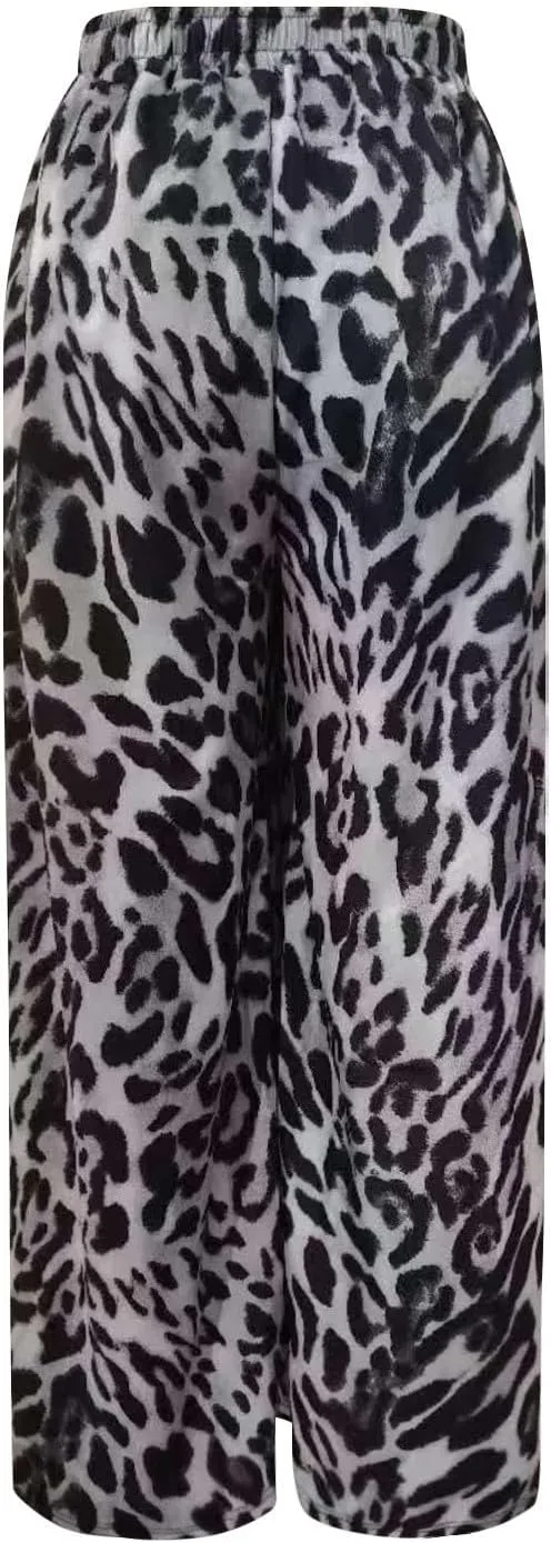 Leopard Print Pants for Women 2025 Drawstring High Waisted Color Block Side Striped Straight Leg Wide Leg Loose Pant