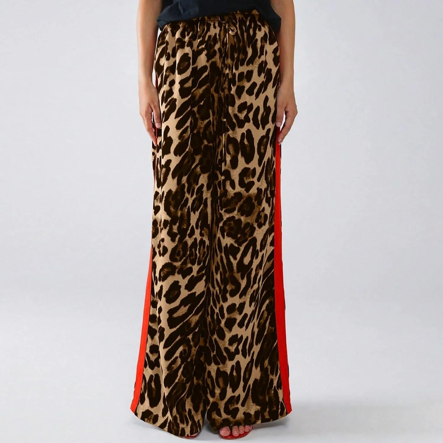 Leopard Print Pants for Women 2025 Drawstring High Waisted Color Block Side Striped Straight Leg Wide Leg Loose Pant