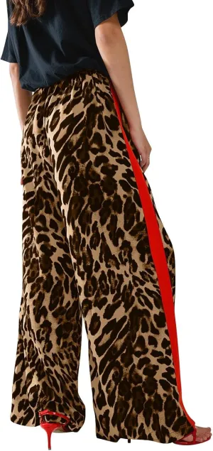 Leopard Print Pants for Women 2025 Drawstring High Waisted Color Block Side Striped Straight Leg Wide Leg Loose Pant