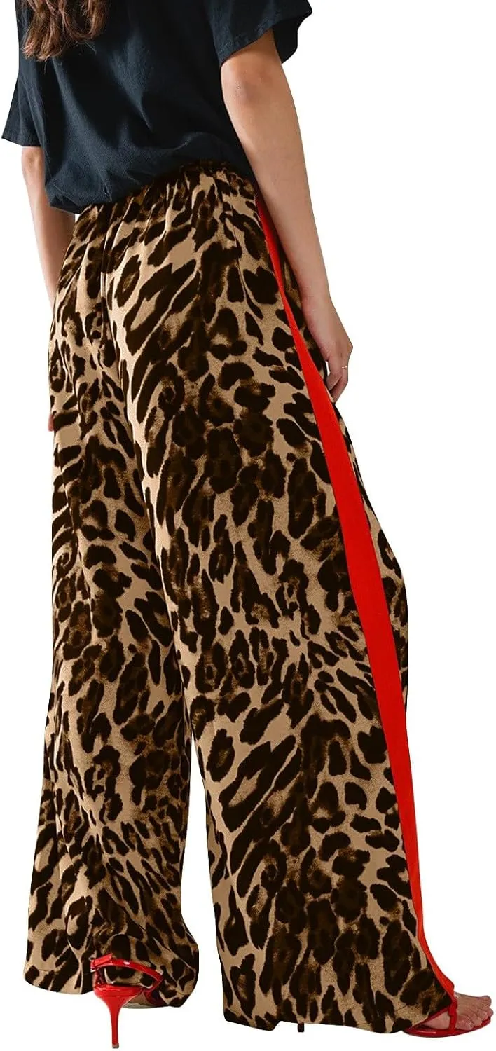 Leopard Print Pants for Women 2025 Drawstring High Waisted Color Block Side Striped Straight Leg Wide Leg Loose Pant