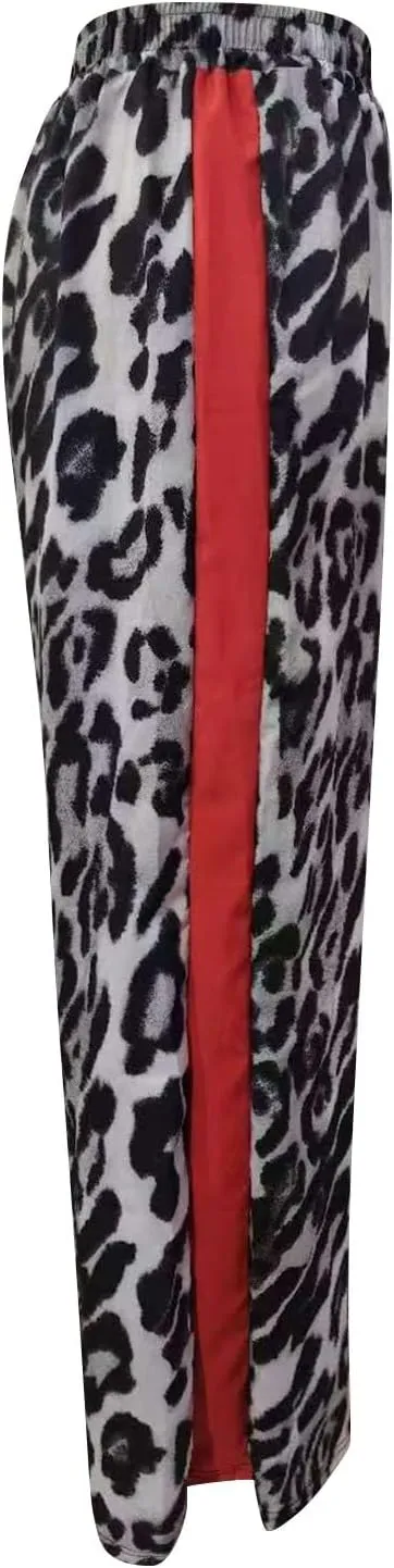 Leopard Print Pants for Women 2025 Drawstring High Waisted Color Block Side Striped Straight Leg Wide Leg Loose Pant