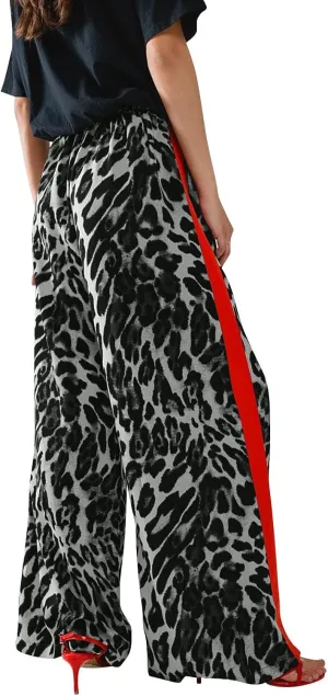 Leopard Print Pants for Women 2025 Drawstring High Waisted Color Block Side Striped Straight Leg Wide Leg Loose Pant
