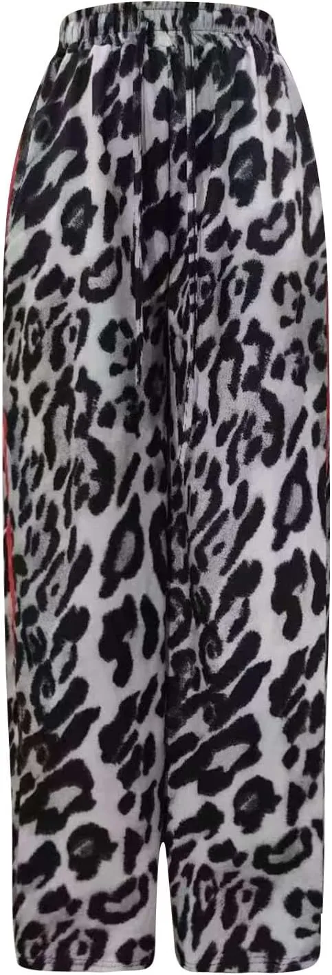 Leopard Print Pants for Women 2025 Drawstring High Waisted Color Block Side Striped Straight Leg Wide Leg Loose Pant