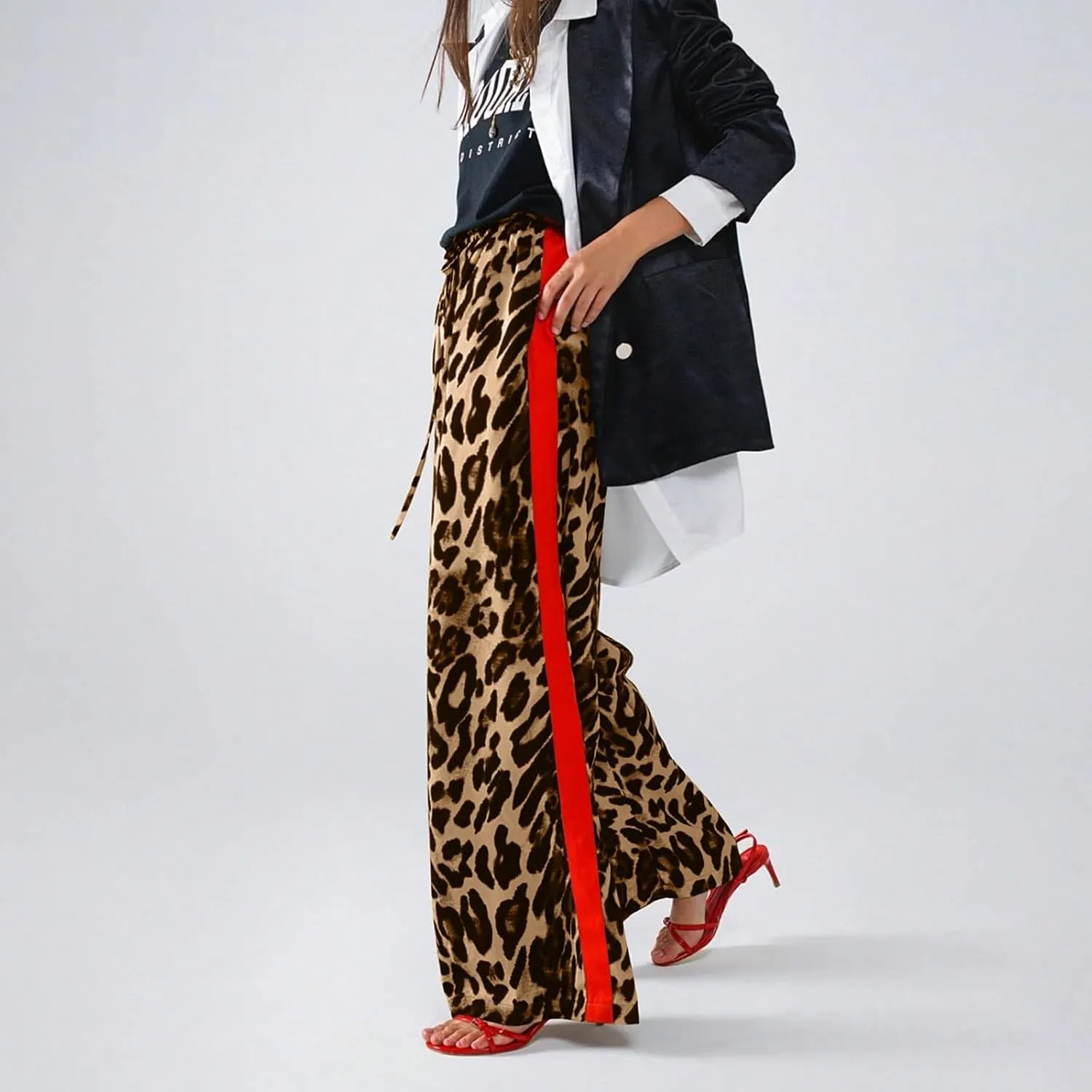 Leopard Print Pants for Women 2025 Drawstring High Waisted Color Block Side Striped Straight Leg Wide Leg Loose Pant