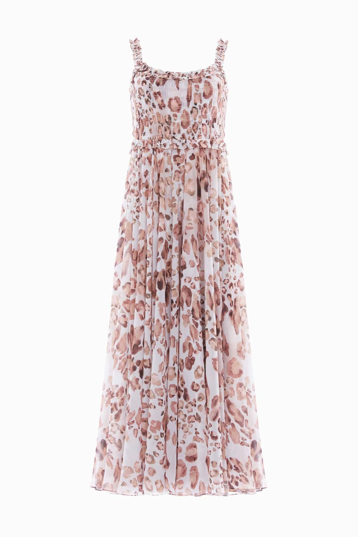 Leopard Chiffon Smocked Cami Ankle Gown Neutral Look