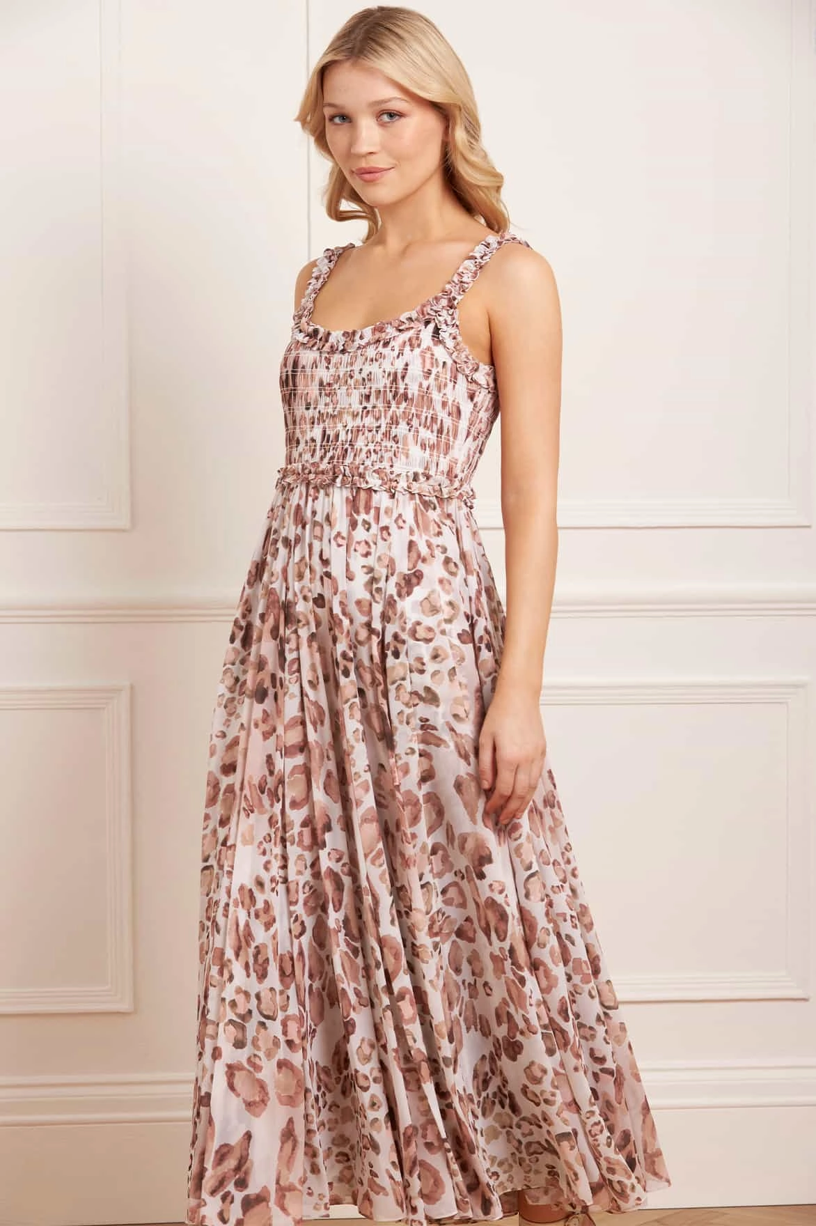 Easy Match Leopard Chiffon Smocked Cami Ankle Gown