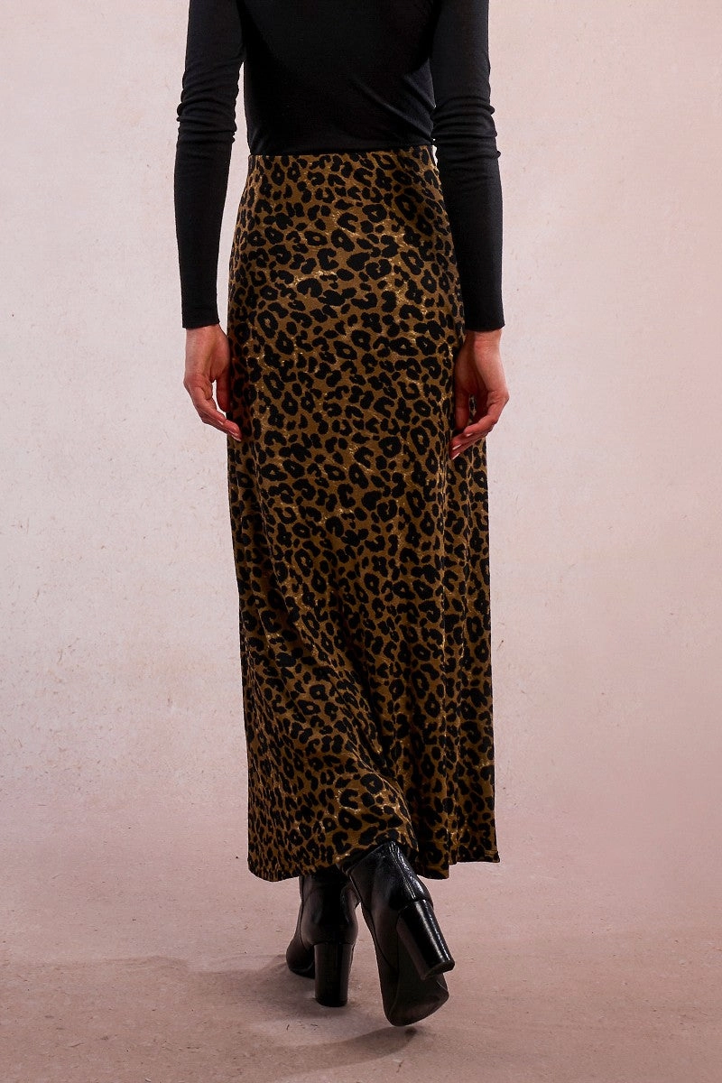 Leopard Knit Maxi Skirt in Khaki Faux Leather Versatile Outfit