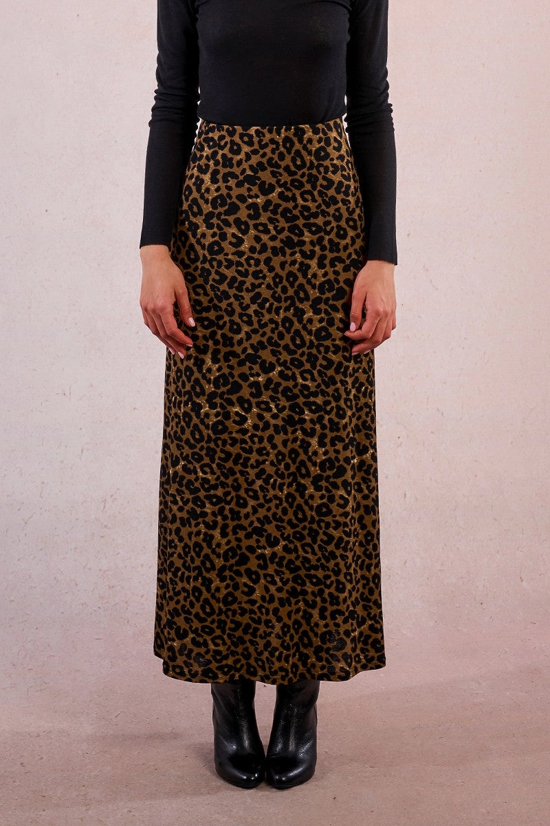 Light Edge Leopard Knit Maxi Skirt in Khaki