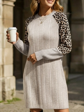 High-Fashion Leopard print long-sleeved round neck casual dress