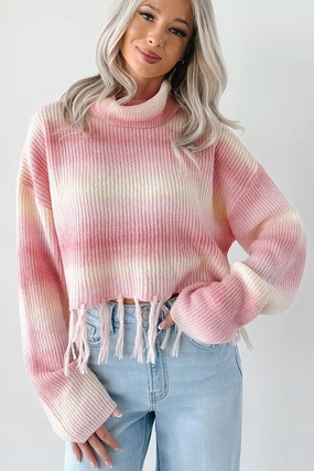 Elegant Cardigan Life In Color Ombre Stripe Tassel Sweater (Pastel Peach)