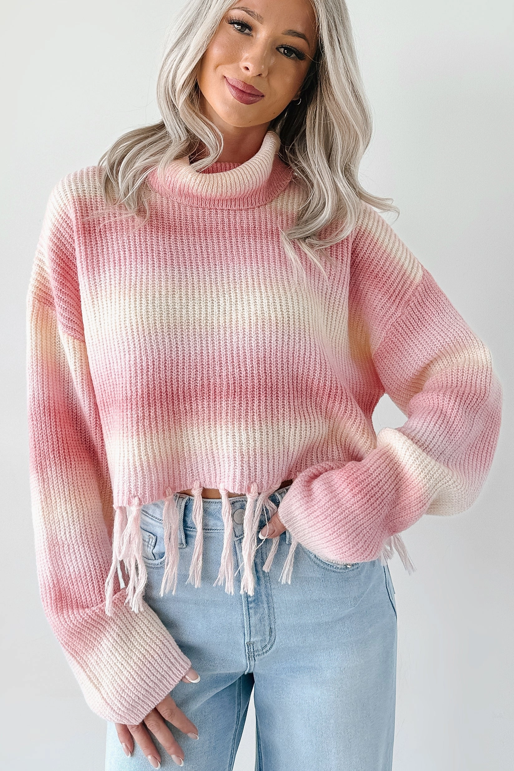 Ventilated Back Panels Recycled Polyester Fabric Life In Color Ombre Stripe Tassel Sweater (Pastel Peach)