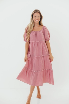 Nina 100% Cotton Gingham Tiered Midi Dress in Red/White Statement-Buttons Stylish Pick