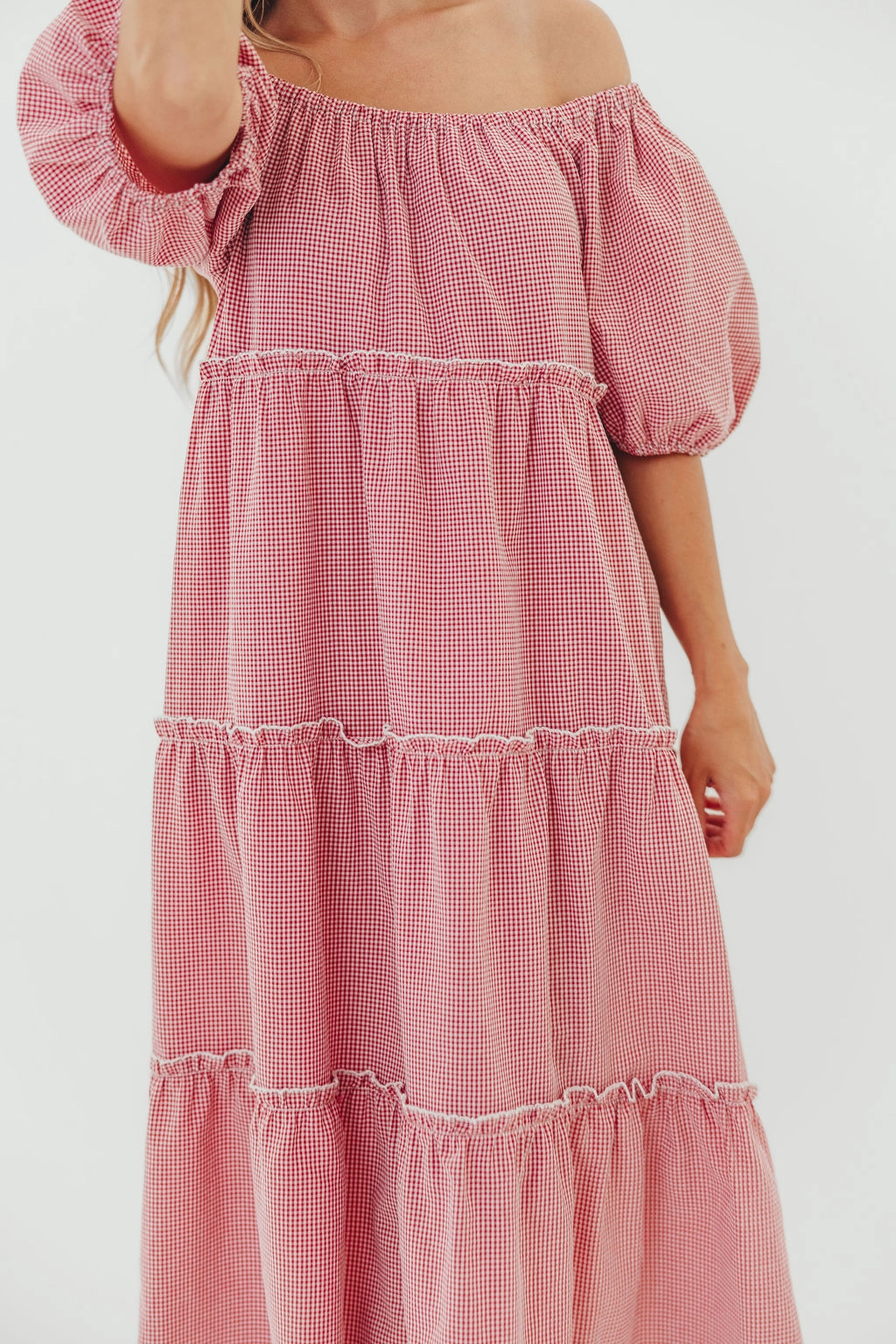 Nina 100% Cotton Gingham Tiered Midi Dress in Red/White Textured Flow