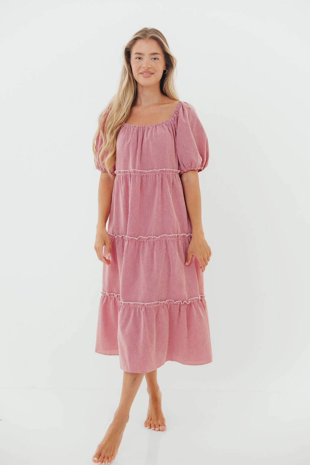 Nina 100% Cotton Gingham Tiered Midi Dress in Red/White Tailored Piece