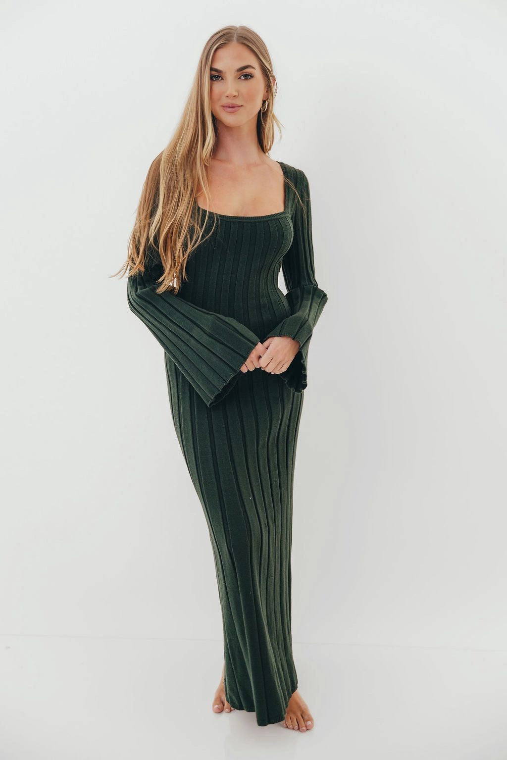 Rowan Square Neck Maxi Dress in Evergreen Lightweight Fit