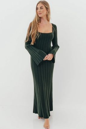 Rowan Square Neck Maxi Dress in Evergreen Bishop-Sleeve