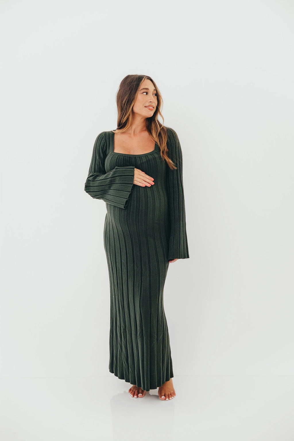 Rowan Square Neck Maxi Dress in Evergreen Shirred-Detail