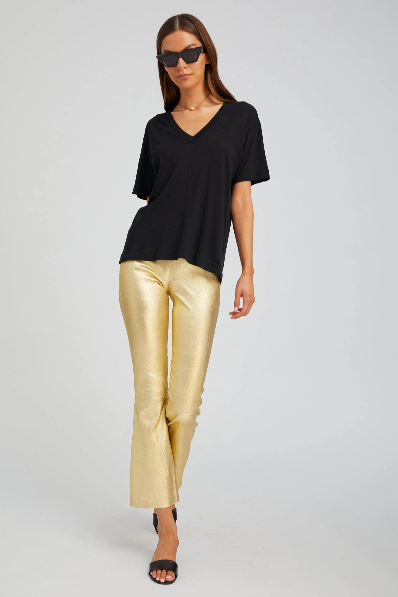 Holiday Outfit Quick Dry High Waist Unisex Style Metallic Gold Leather Ankle Flare