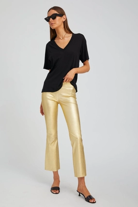 Fade Resistant Airport Travel Cycling Trip Minimalist Style Metallic Gold Leather Ankle Flare