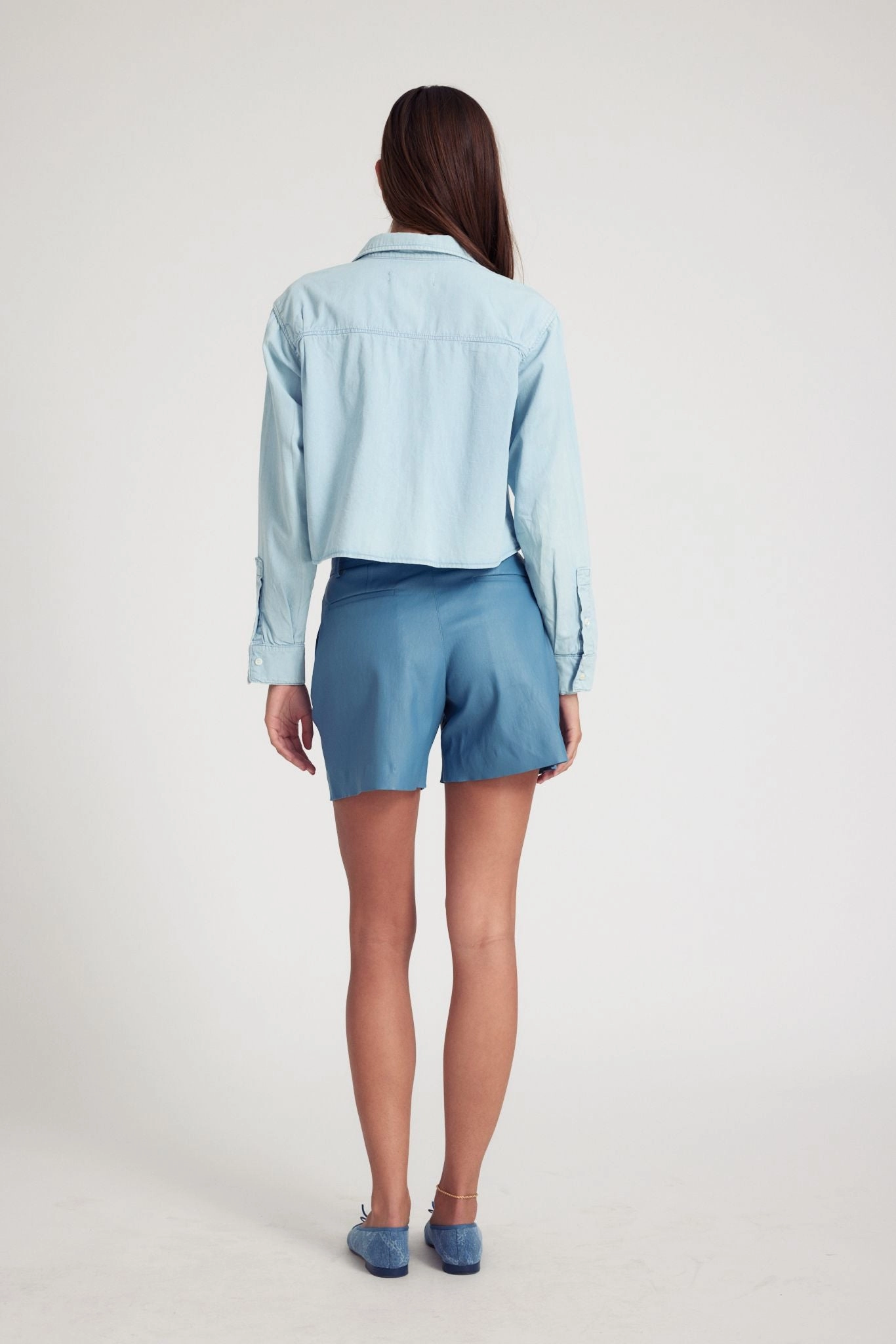 Light Blue Chambray Cropped Button Down FlexFit Technology Reinforced Shoulders