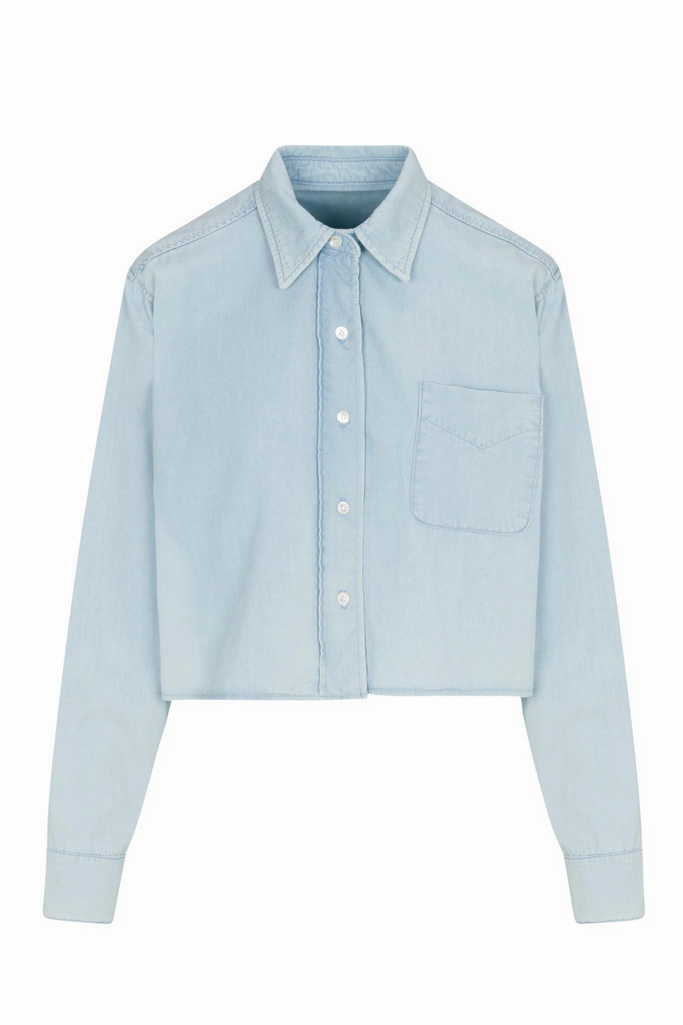Soft Pullover Summer Blouse Light Blue Chambray Cropped Button Down