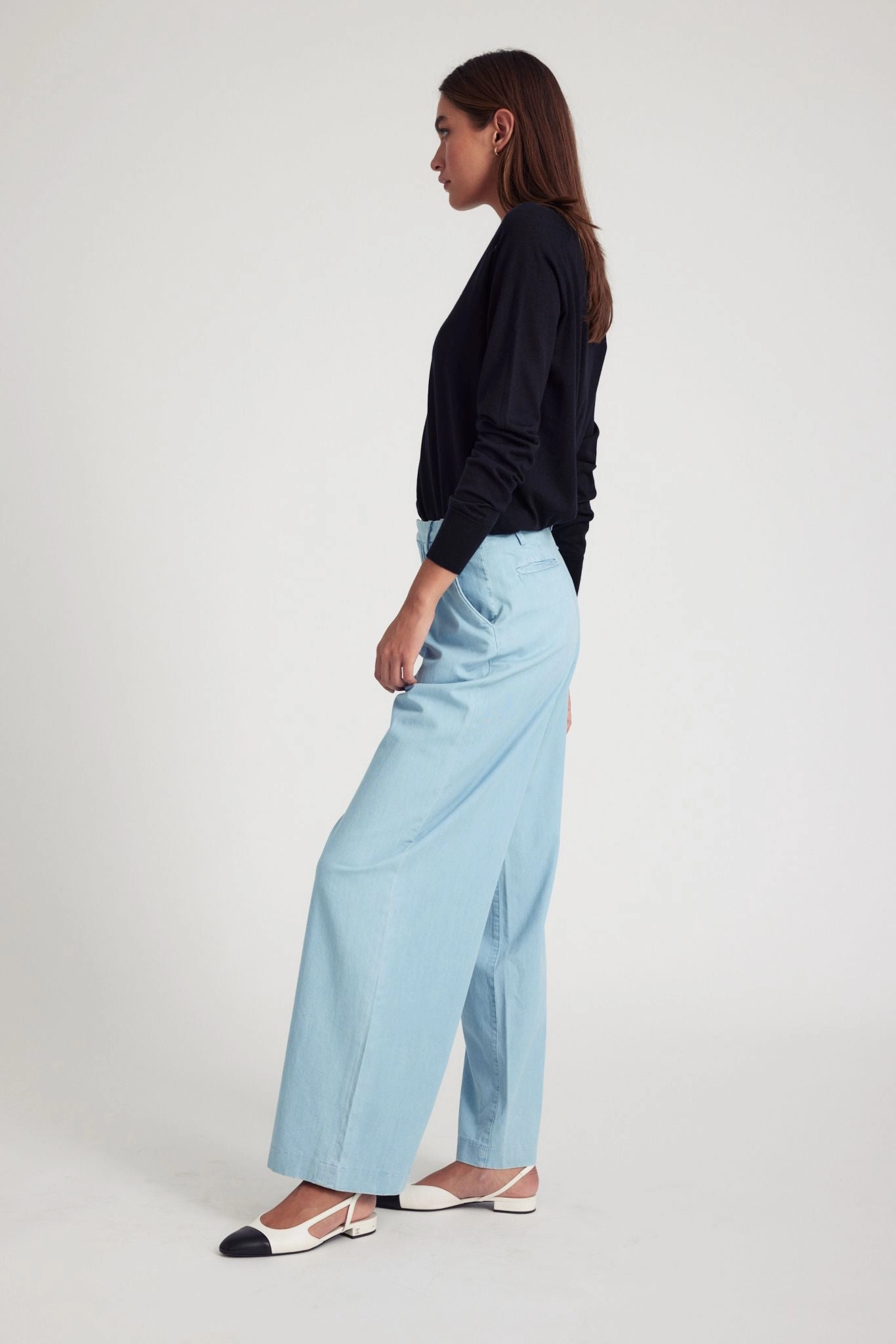 Light Blue Chambray Pleated Trousers high waisted