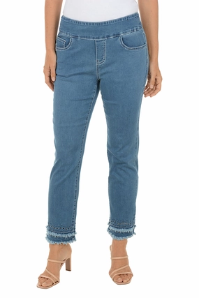 Adjustable Belt Loops Light Denim Double Fringe Eyelet Ankle Pant