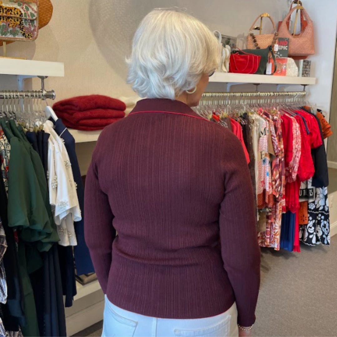 Sporty Style Long Sleeve Rib Henley Sweater Dark Cherry