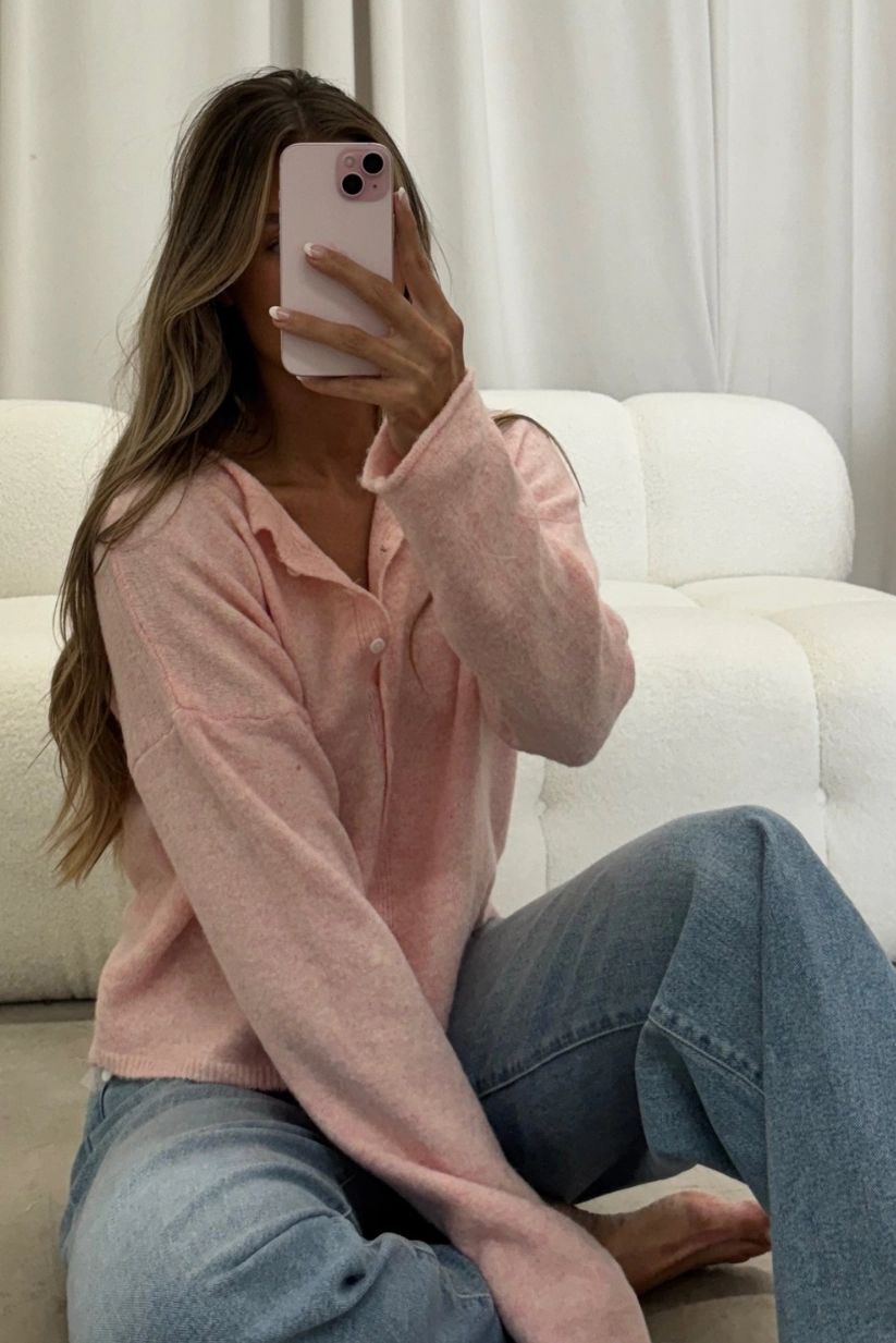 AbrasionResistant Edging Dani Classic Lightweight Button Down Cardigan Top in Sherbet