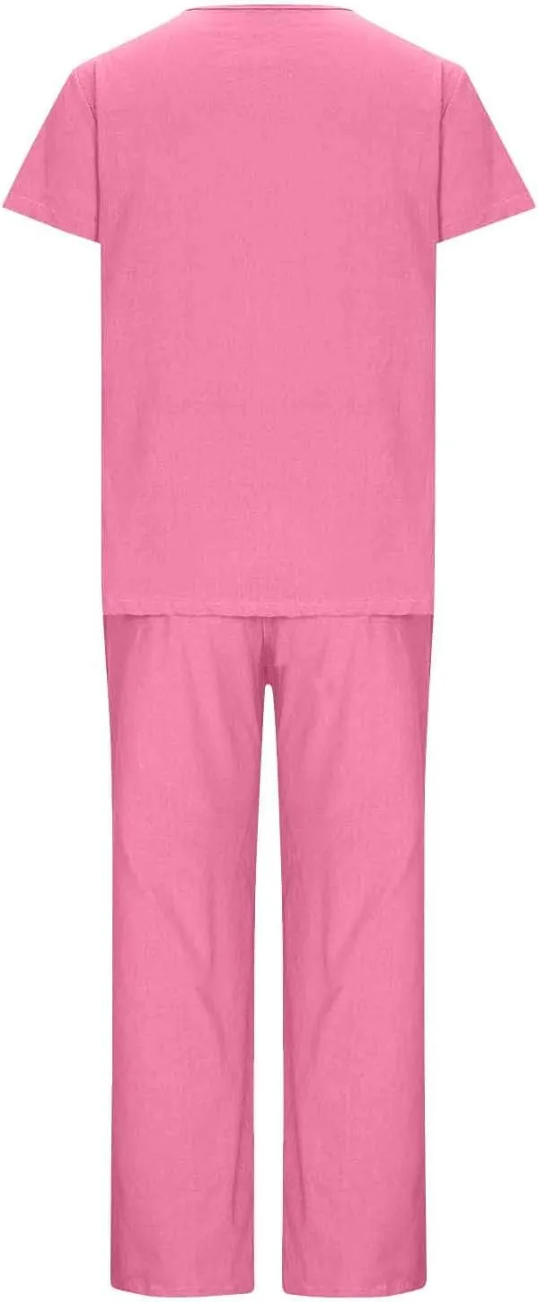 Lightweight Summer Lounge Sets for Women Gauze 2 Piece Outfits Short Sleeve Tops Wide Leg Pants with Pockets