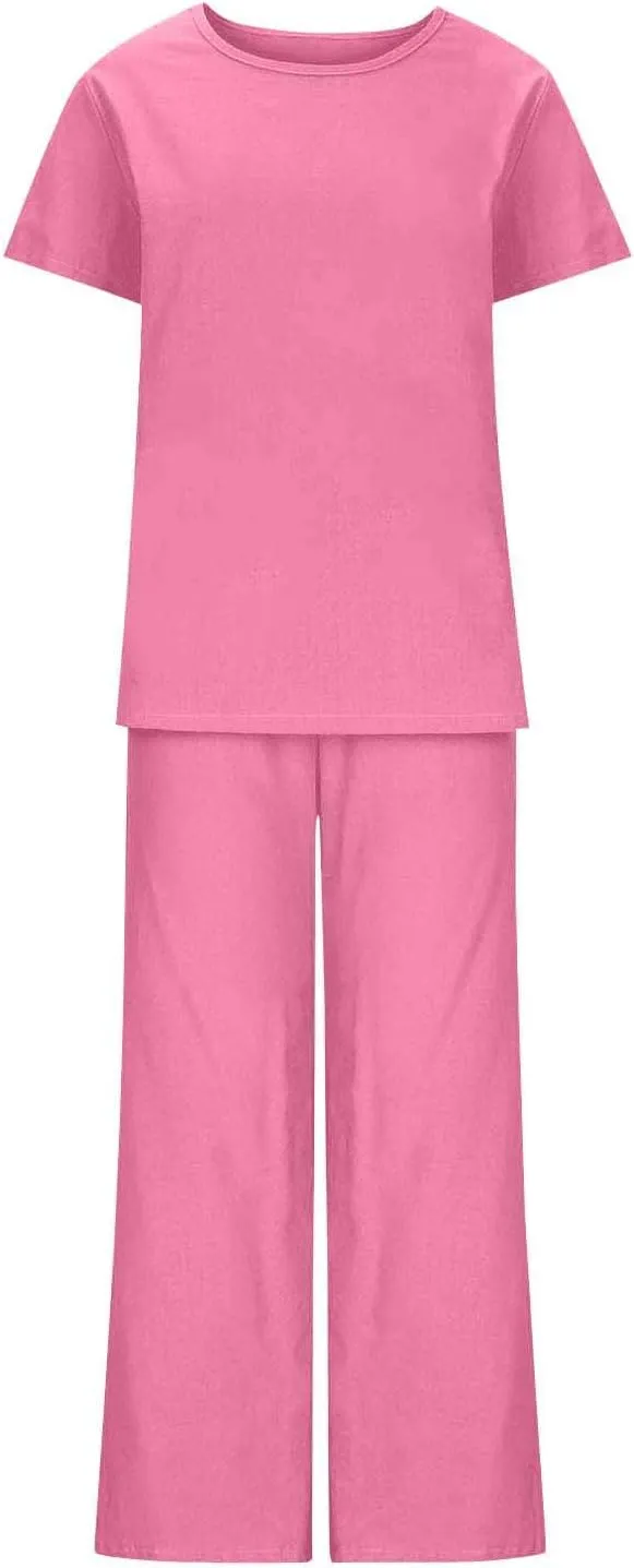 Lightweight Summer Lounge Sets for Women Gauze 2 Piece Outfits Short Sleeve Tops Wide Leg Pants with Pockets