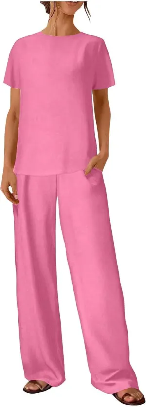 Lightweight Summer Lounge Sets for Women Gauze 2 Piece Outfits Short Sleeve Tops Wide Leg Pants with Pockets